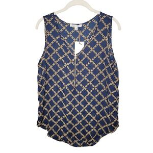 NEW Green Envelope Tank Top Women's Size M Blue Gold Chain Print Zip Work Office